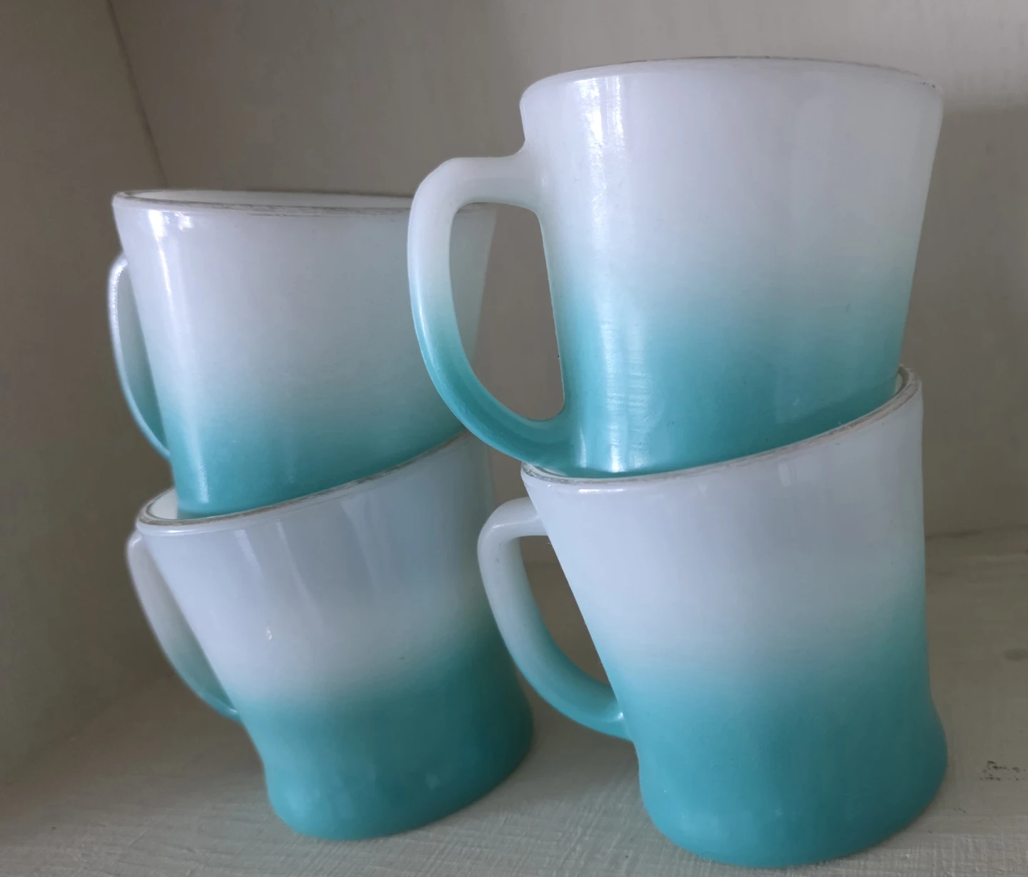 Set of 4 Fire-King D Handle Mugs - Turquoise Ombre