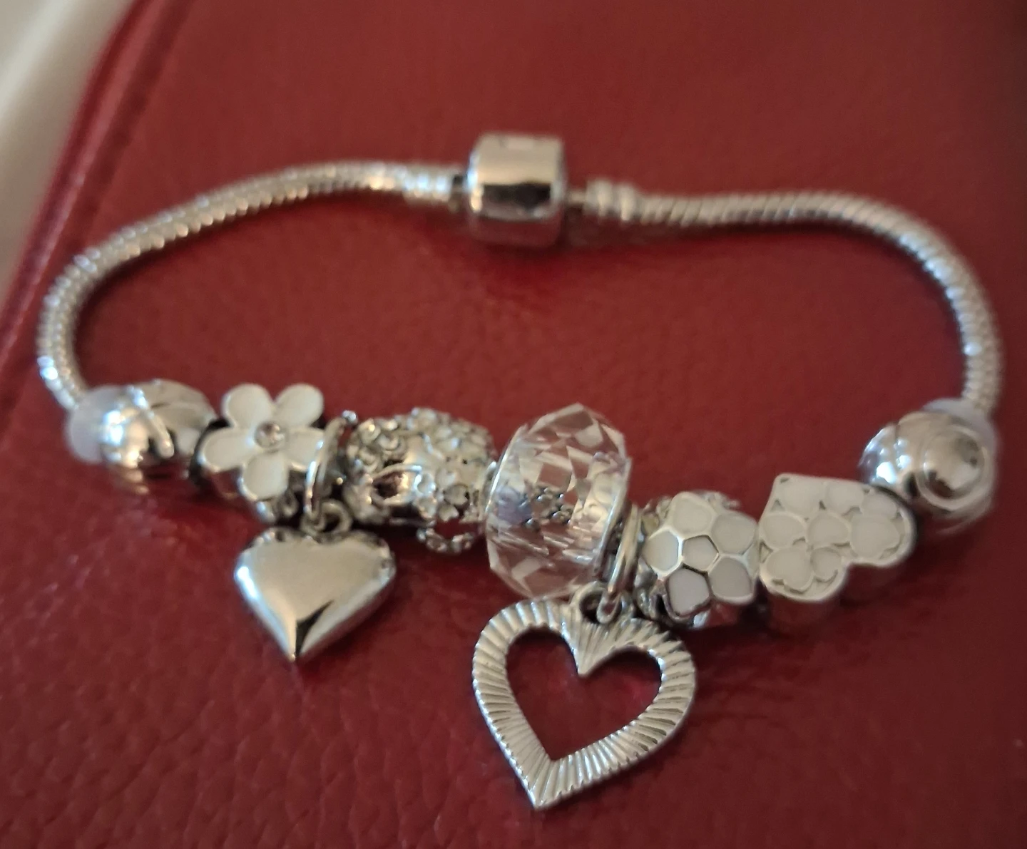 Silver Charm Bracelet with Hearts and Flowers