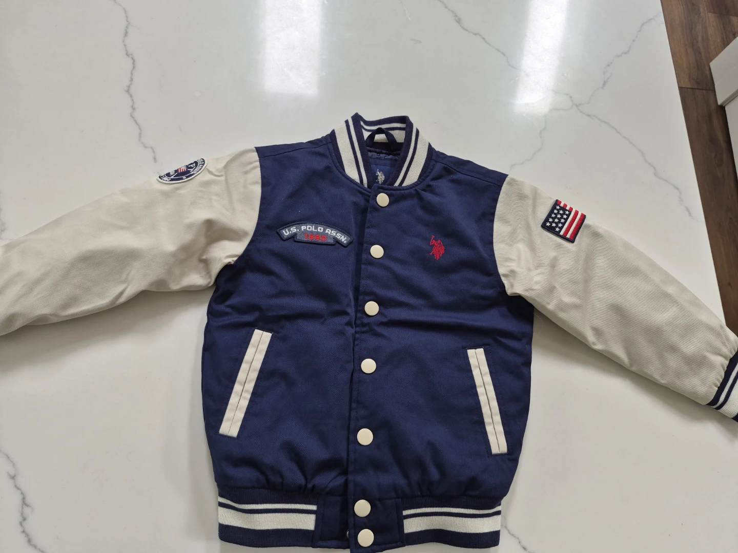 U.S. Polo Assn. Navy and Cream Varsity Jacket Size XS 4/5