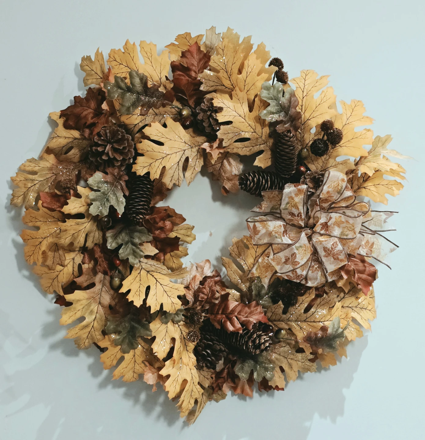 Autumn Leaf Wreath with Pinecones and Bow