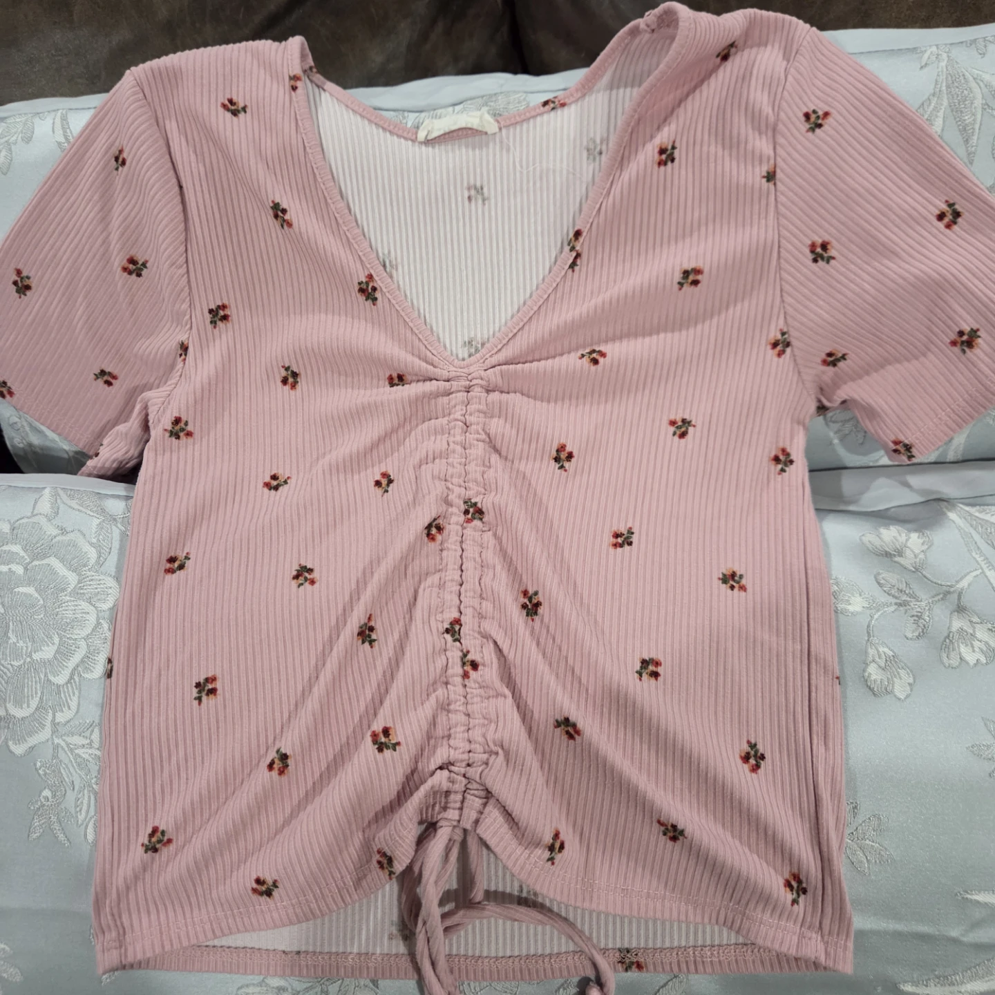 Molly + Rose Pink Floral Ruched Ribbed Top