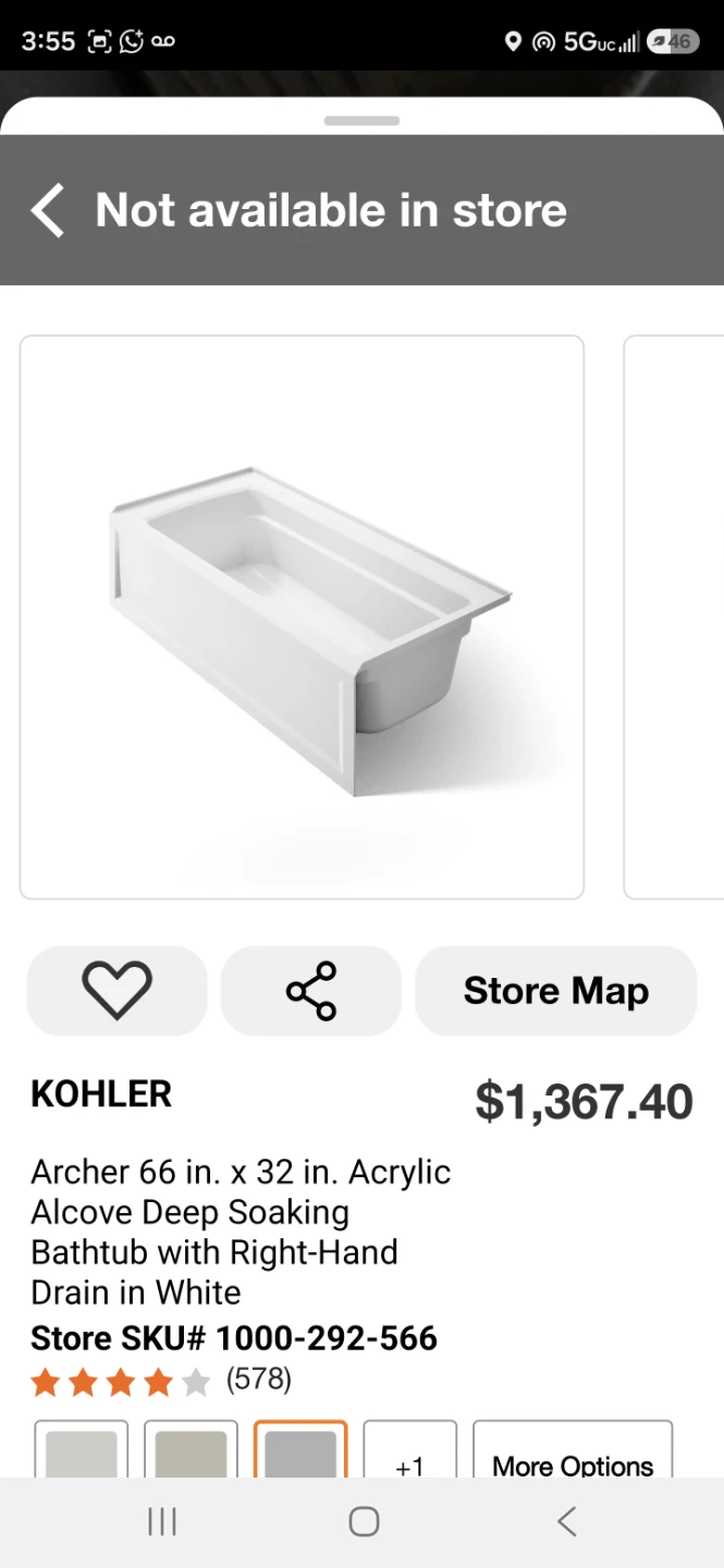 Kohler Archer 66 in. x 32 in. Acrylic Alcove Bathtub