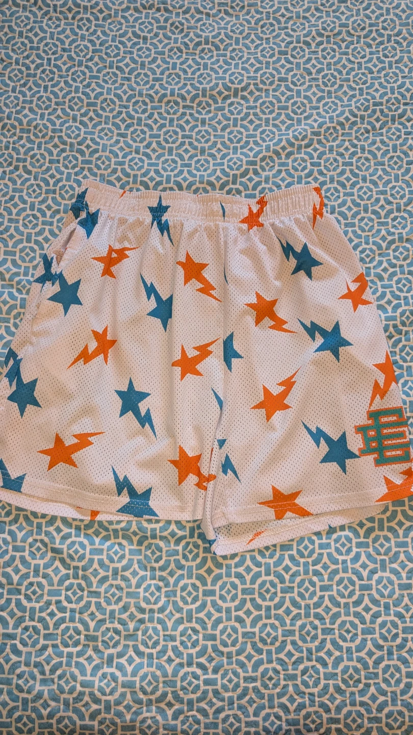 White Mesh Basketball Shorts with Stars and Lightning Bolts