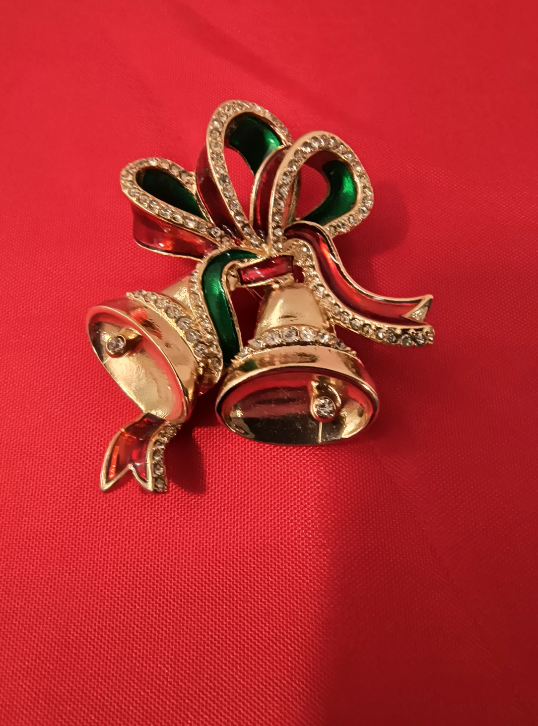 Gold Tone Christmas Bell Brooch with Rhinestones