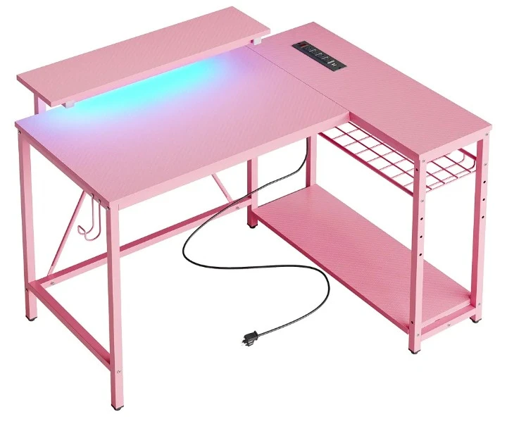Pink L-Shaped Gaming Desk with LED Lights