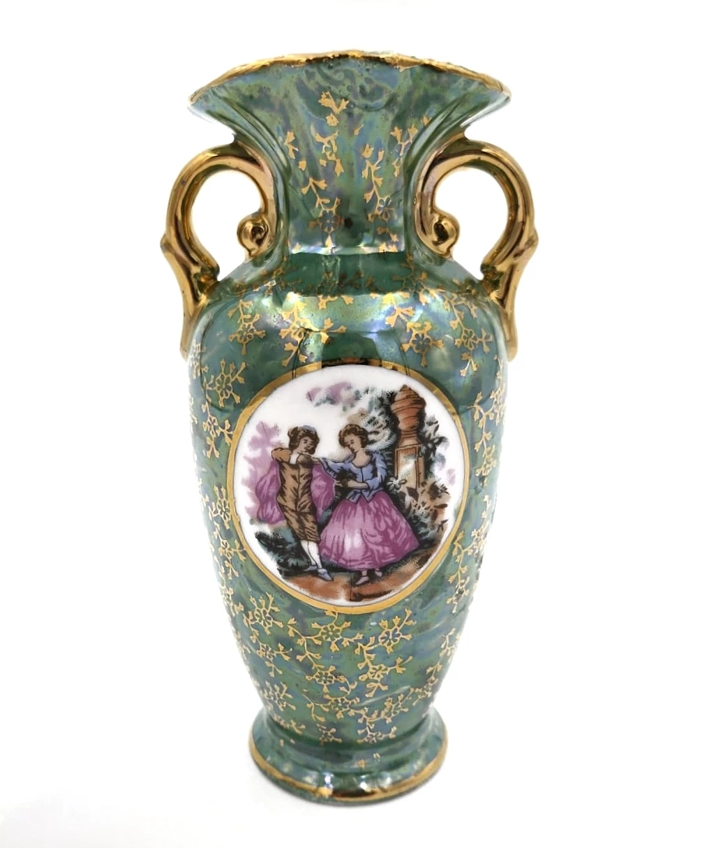 Vintage Green Lusterware Porcelain Vase with Gold Accents