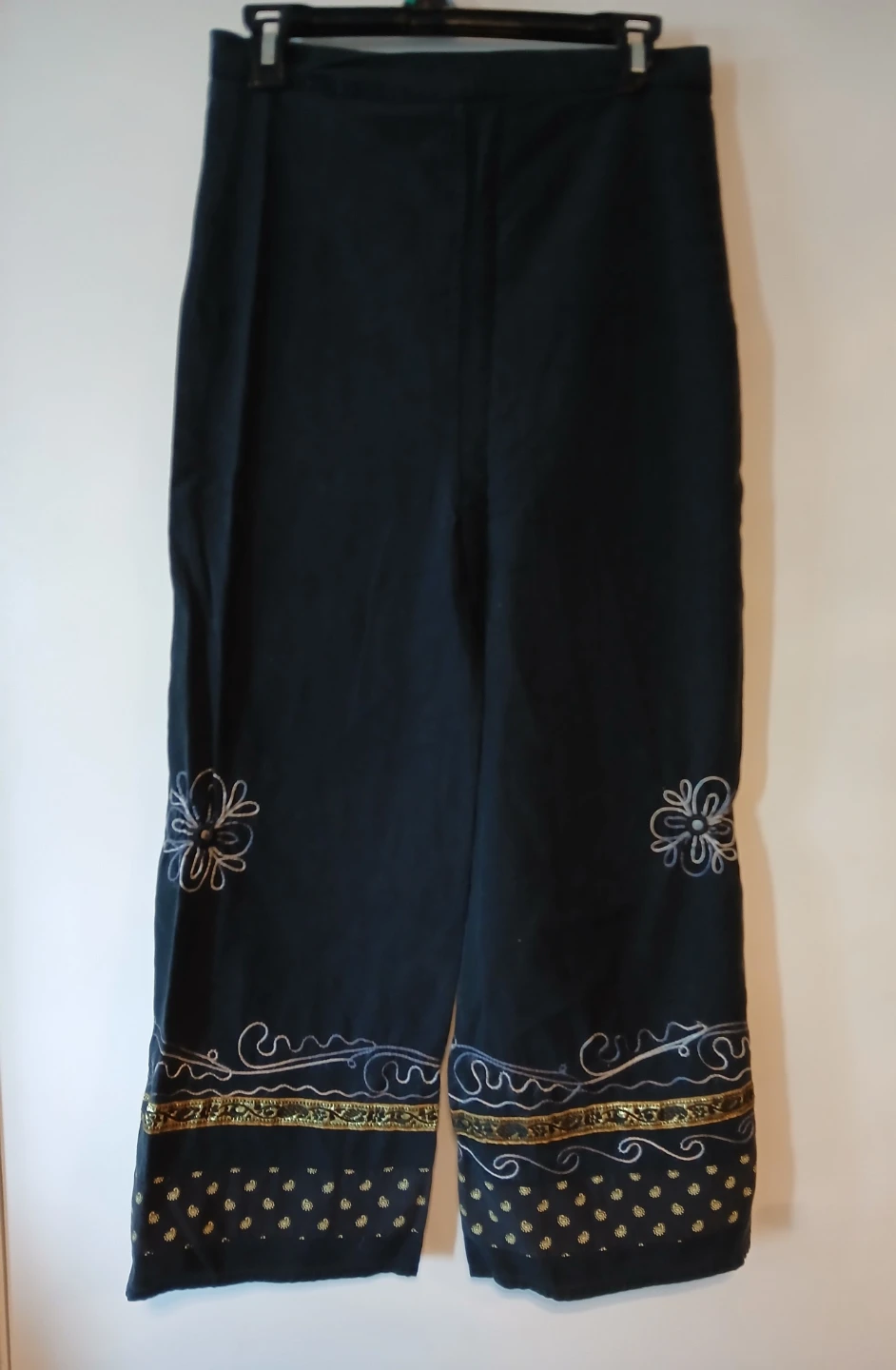 Black Wide Leg Pants with Embroidered Floral Design. - photo 2