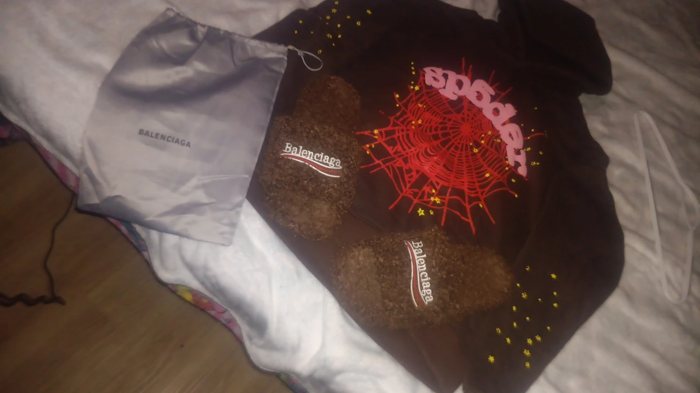 Brown Spider Hoodie with Balenciaga slides