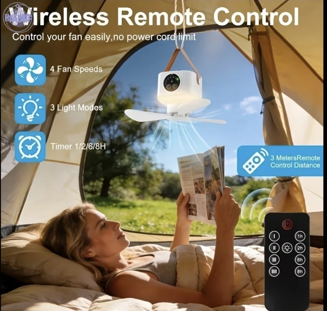 White Portable Camping Fan with Light and Remote - photo 2