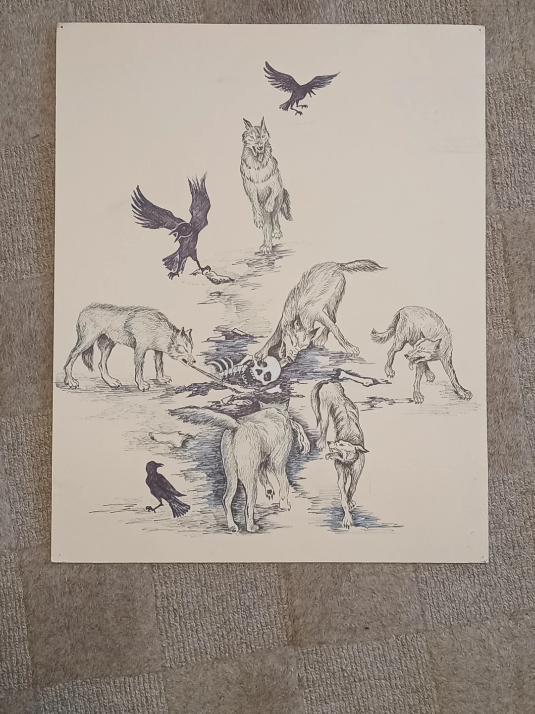 Ink drawing of wolves and crows with skeleton