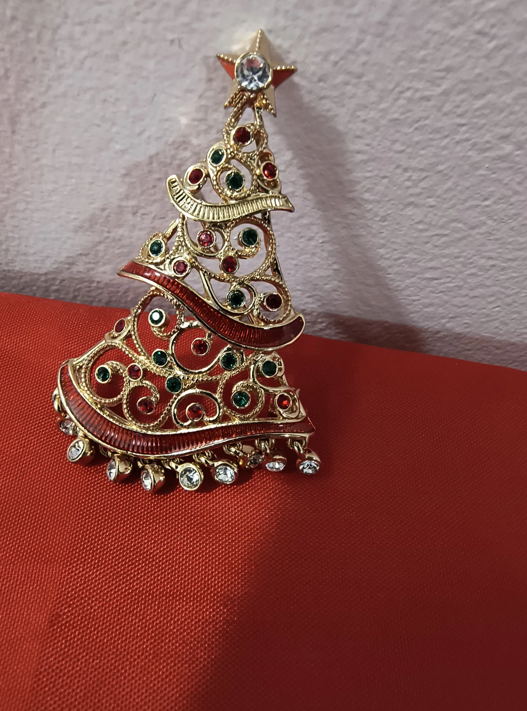 Gold Christmas Tree Brooch with Red and Green Accents
