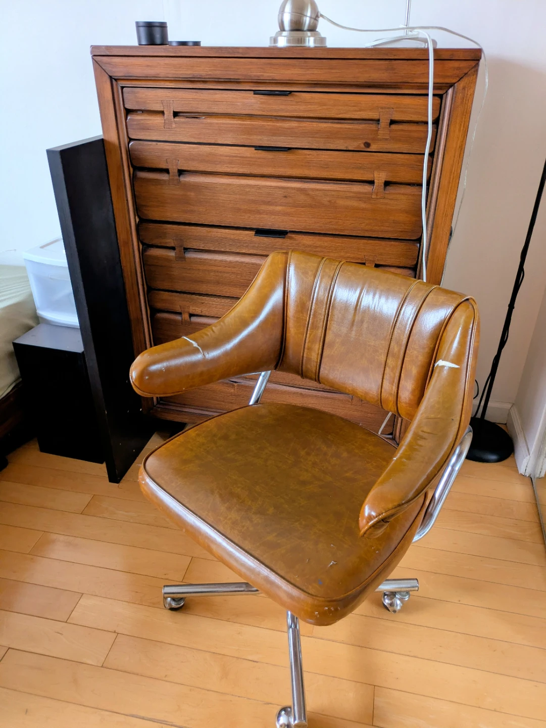 IKEA Black Desk & Wood Dresser & Leather Rolling Chair