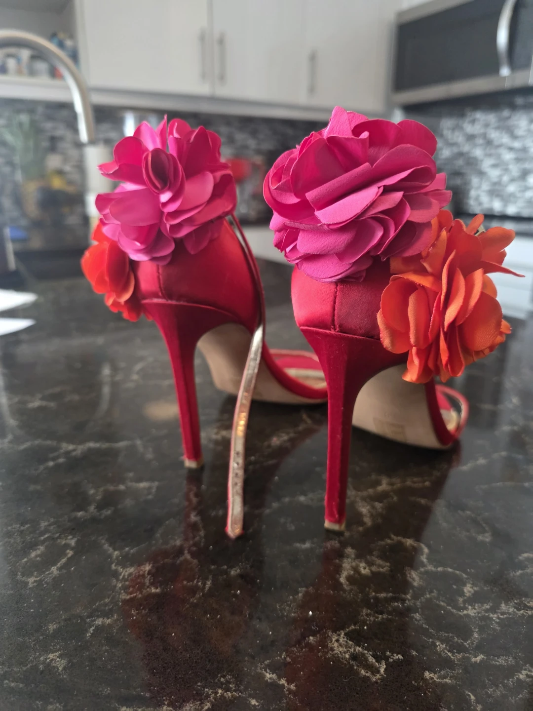 ASOS Red Satin High Heel Sandals with Floral Embellishments - photo 2