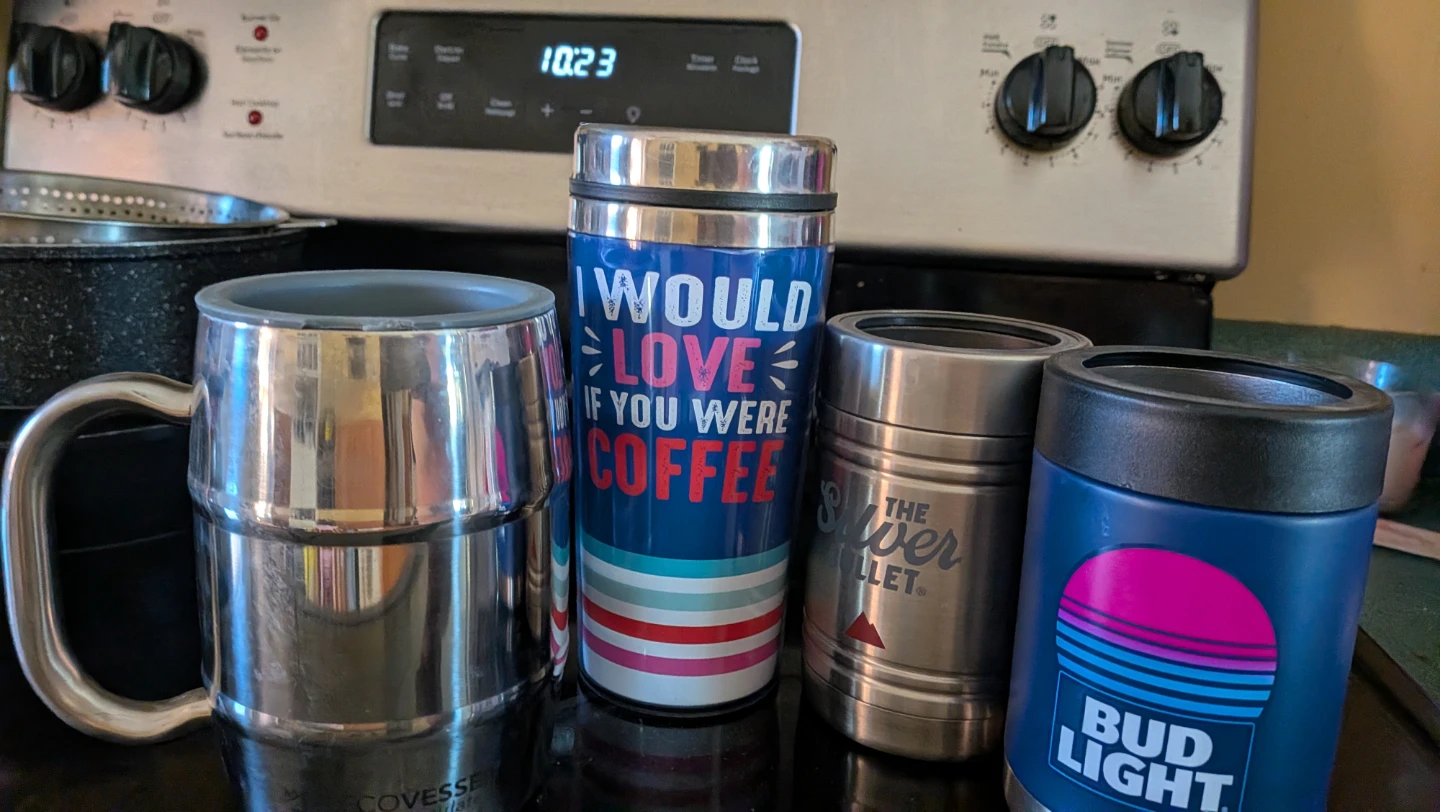 Travel Mug, Silver Bullet Can Cooler, Bud Light Can Cooler