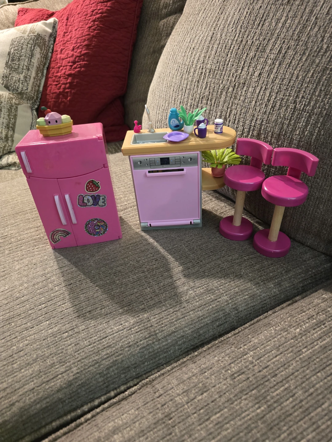 Kid's Pink Play Kitchen Set with Refrigerator, Sink, and Stools