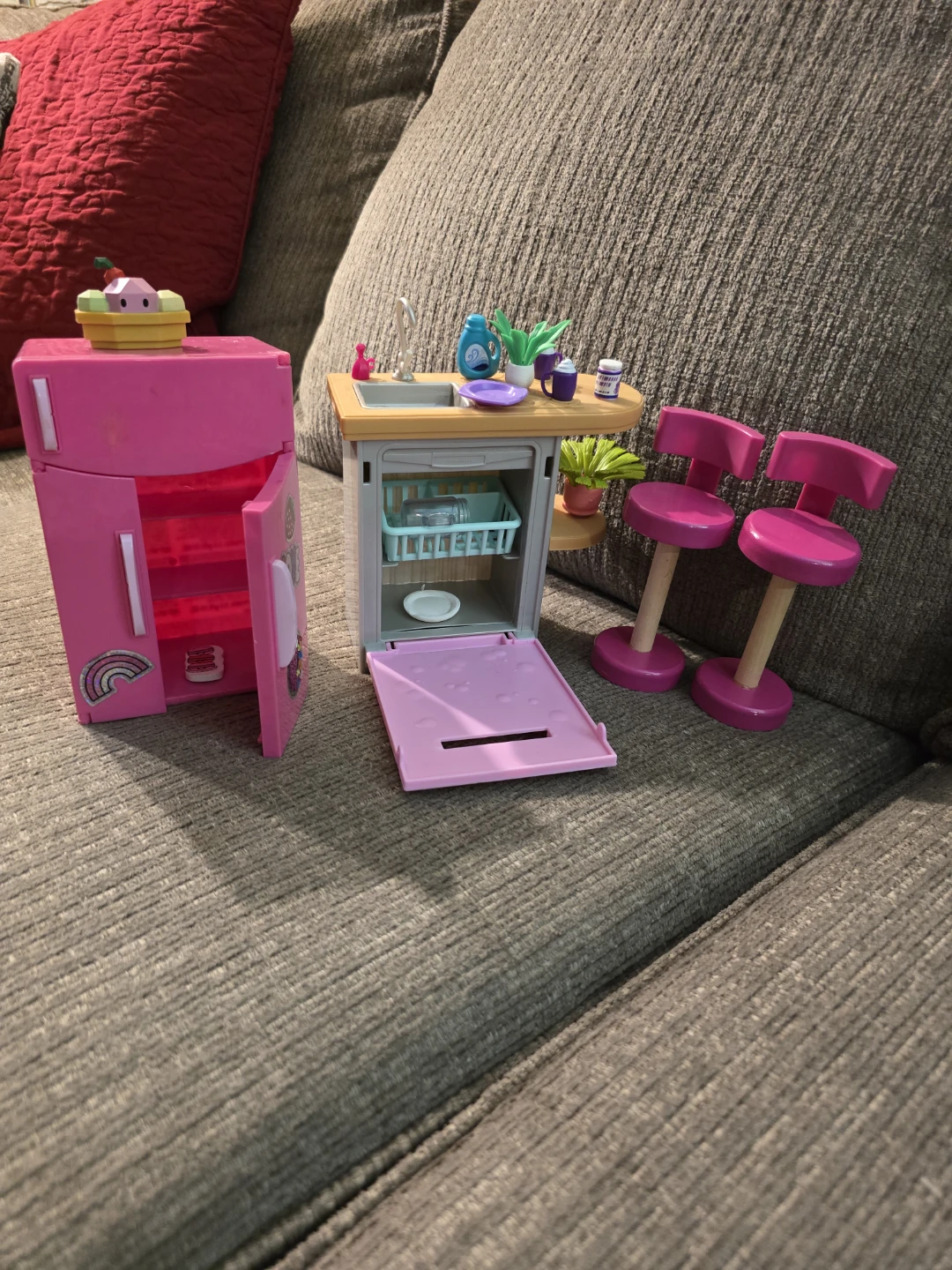 Kid's Pink Play Kitchen Set with Refrigerator, Sink, and Stools - photo 2