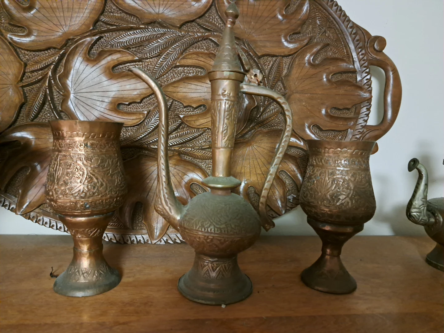Vintage Copper Etched Pitcher and Chalices Set