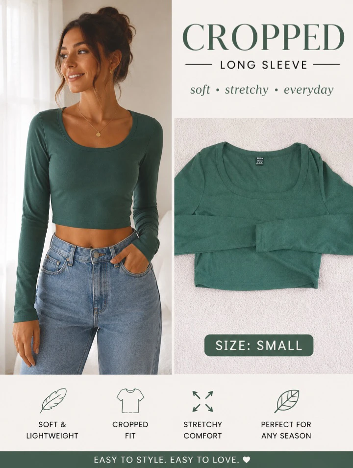 Green Cropped Long Sleeve Top - Size Small
