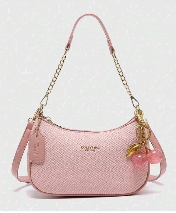Karley & Bag Pink Woven Shoulder Bag with Cherry Charm