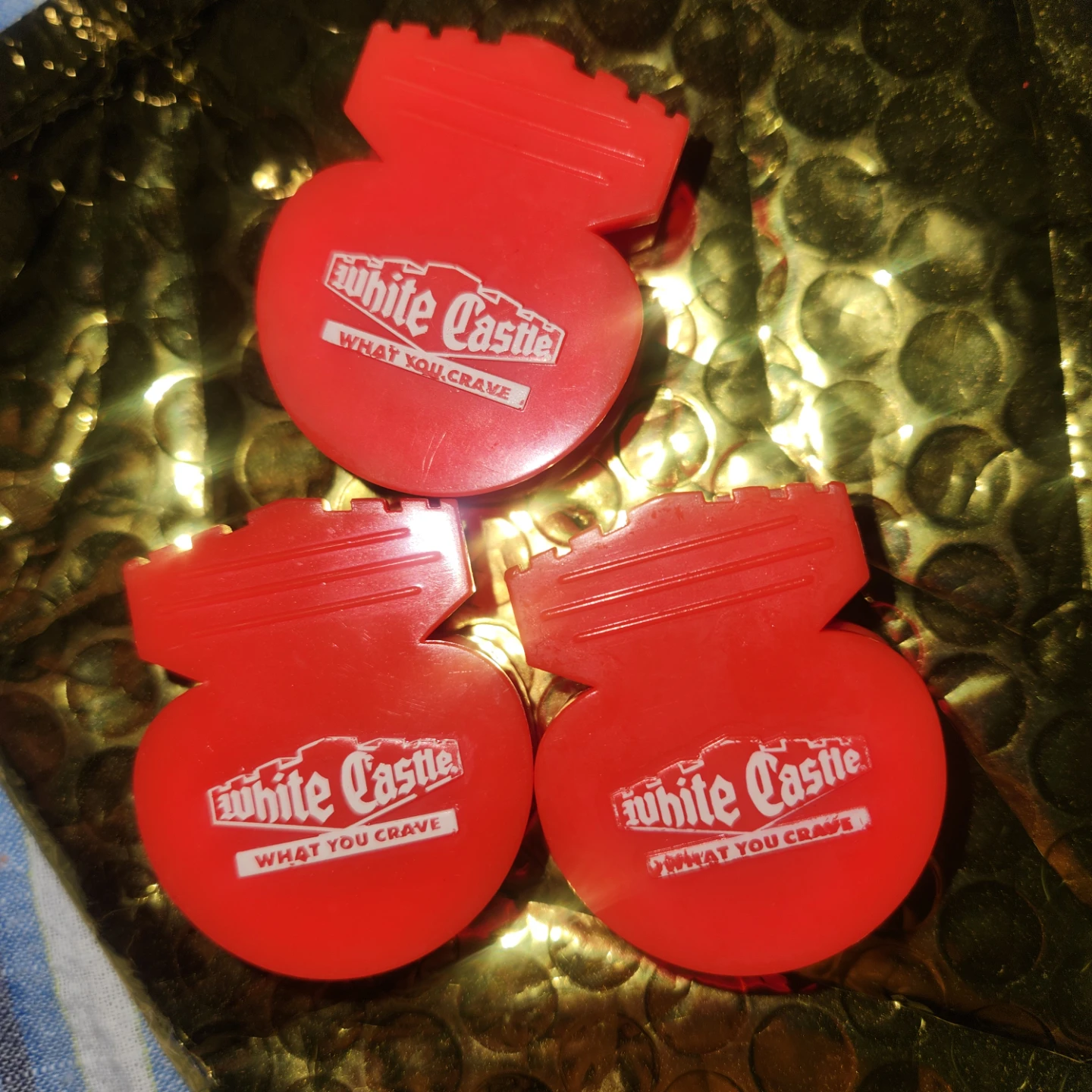 Set of 3 White Castle Red Plastic Clips