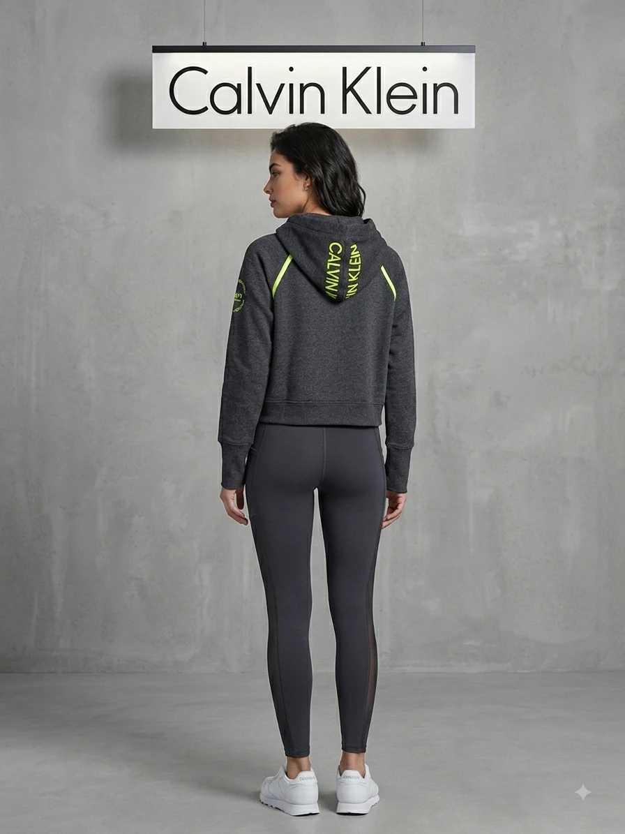 Calvin Klein Grey Cropped Hoodie with Neon Accents - photo 2