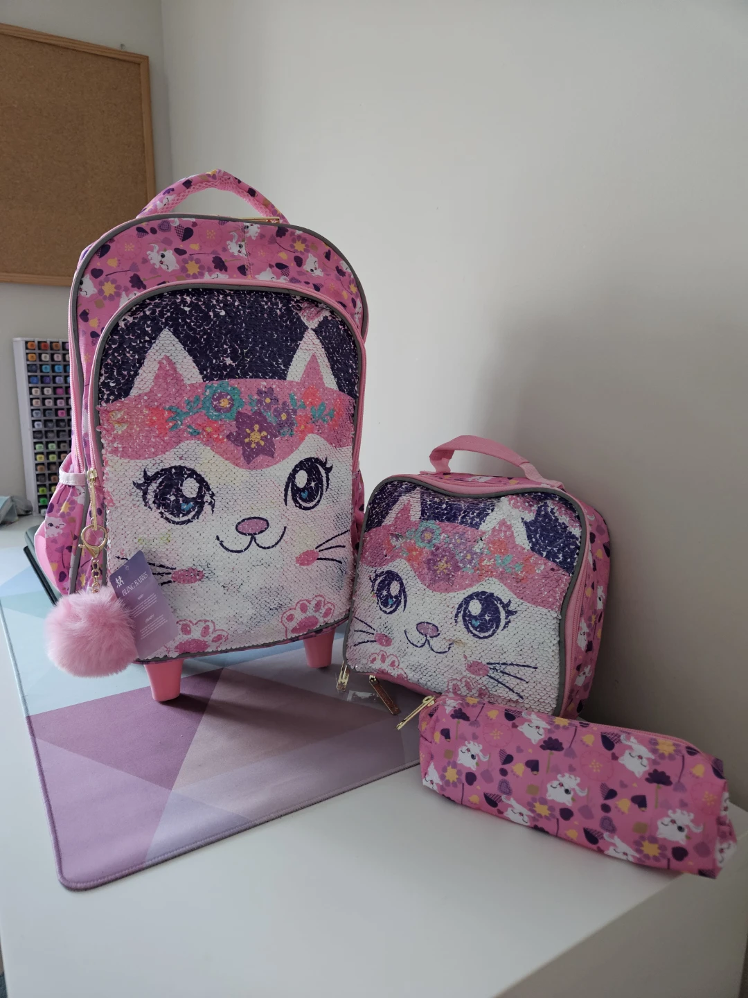 Pink Cat Sequin Rolling Backpack with Lunch Bag & Pencil Case - photo 5