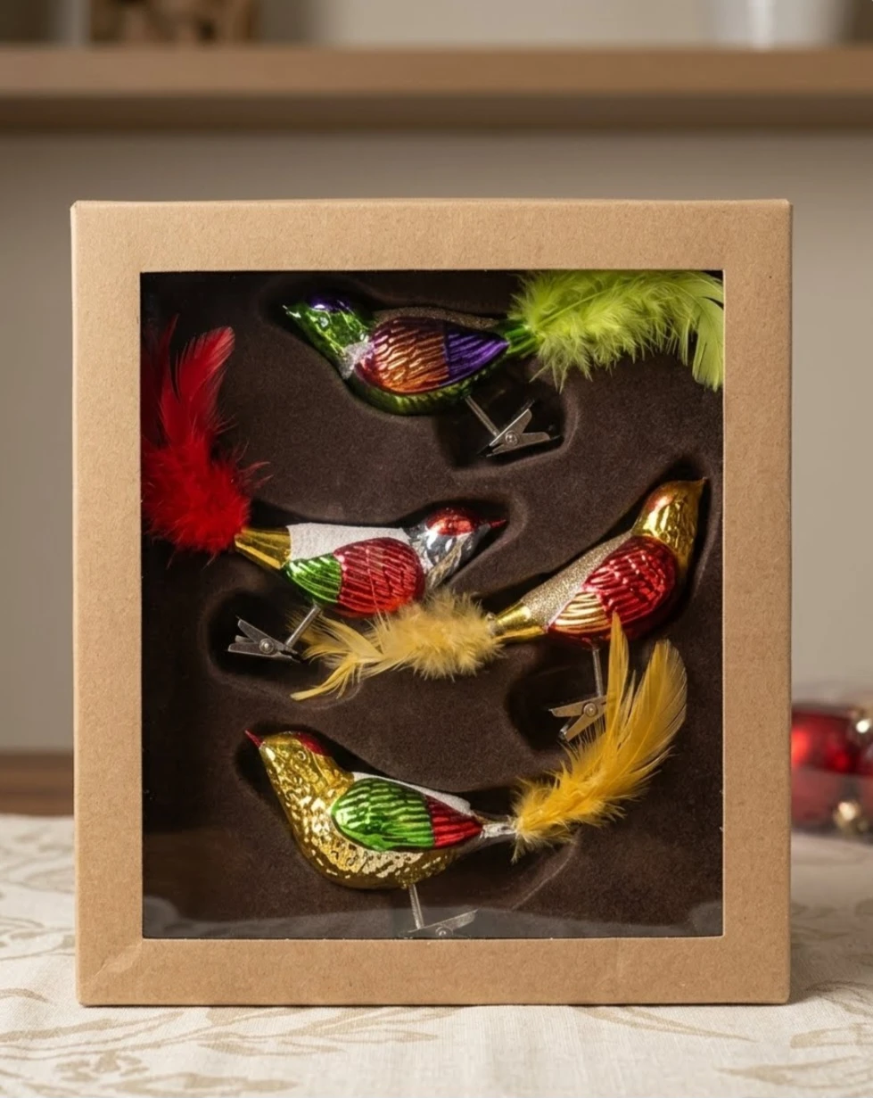 Vintage Set of 4 Glass Bird Christmas Tree Ornaments