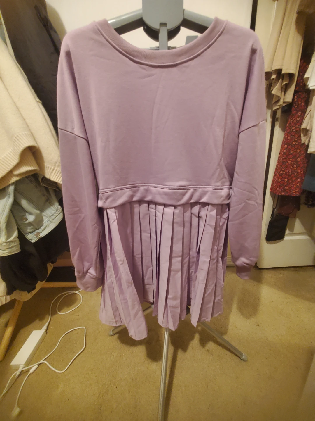 Lilac Crewneck Sweatshirt Dress with Pleated Skirt