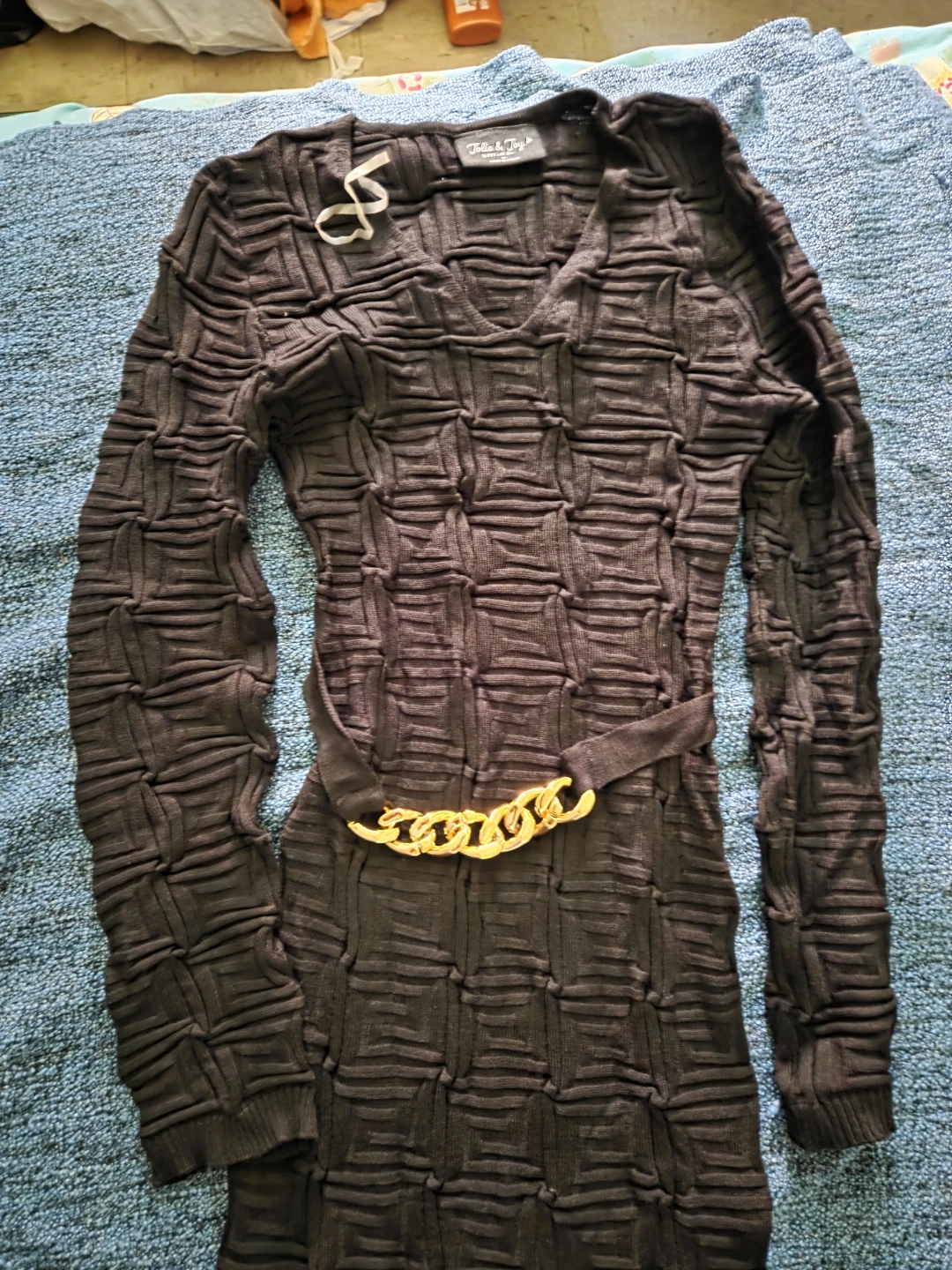 Tolle & Joy Black Textured Sweater Dress with Gold Chain Belt