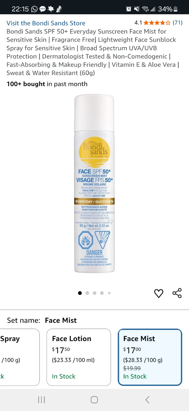 Bondi Sands SPF 50+ Everyday Sunscreen Face Mists (Brand New)