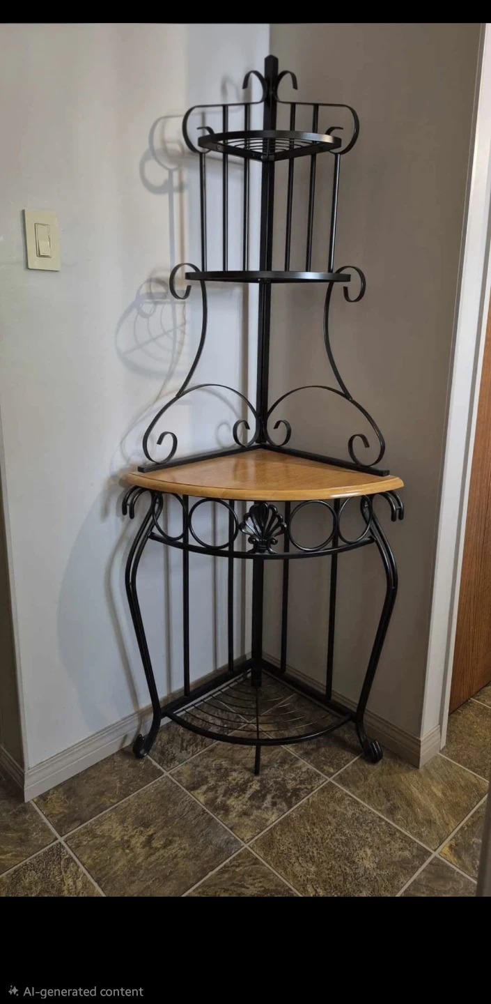 Wrought Iron Corner Baker's Rack with Wood Shelf