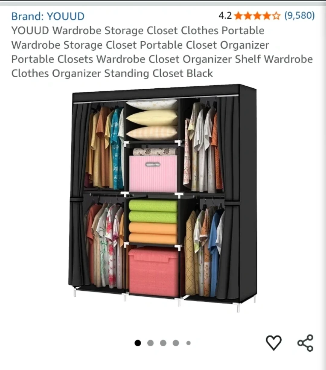 YOUUD Portable Wardrobe Storage Closet Organizer - Black