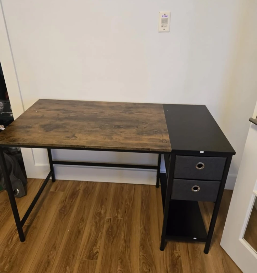 Wooden Desk with Black Metal Frame and Storage Bins - photo 2