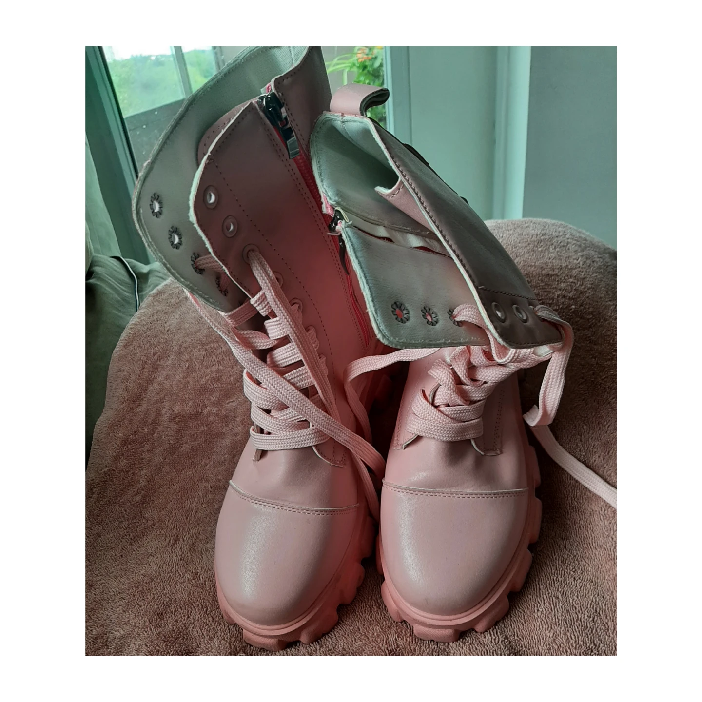 Pink Lace-Up Combat Boots with Side Zippers - photo 2