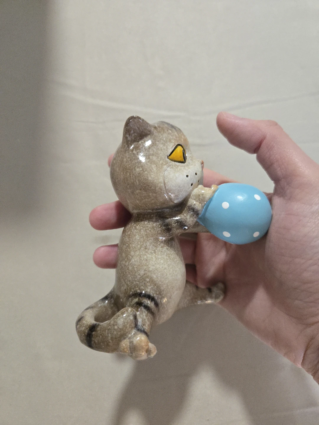 Ceramic Cat Figurine with Blue Polka Dot Ball, gift - photo 2