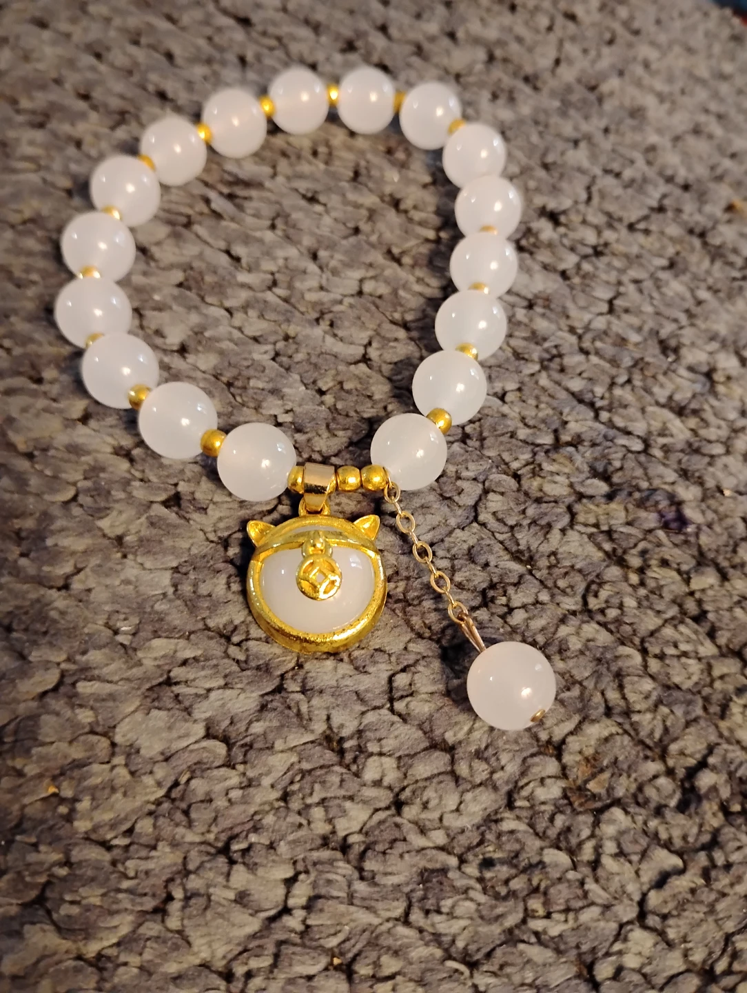 White Quartz Bracelet with Gold Cat Charm - photo 2