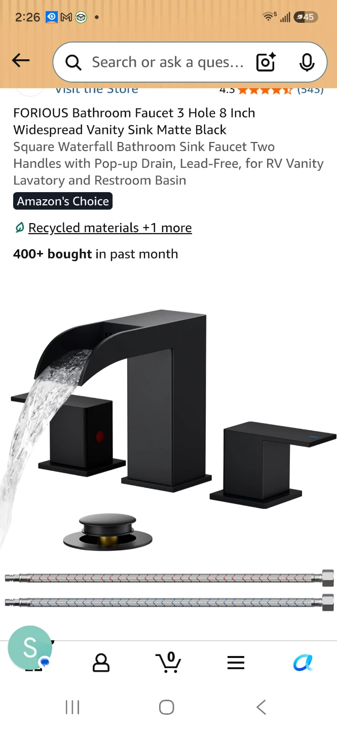 FORIOUS Black Waterfall Widespread Bathroom Faucet