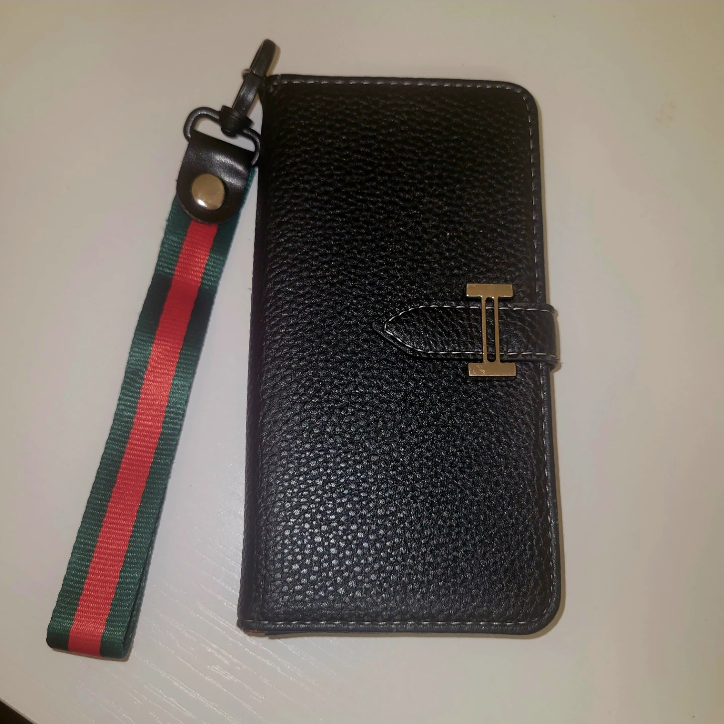 Black Leather Flip Wallet Case with Stripe Lanyard