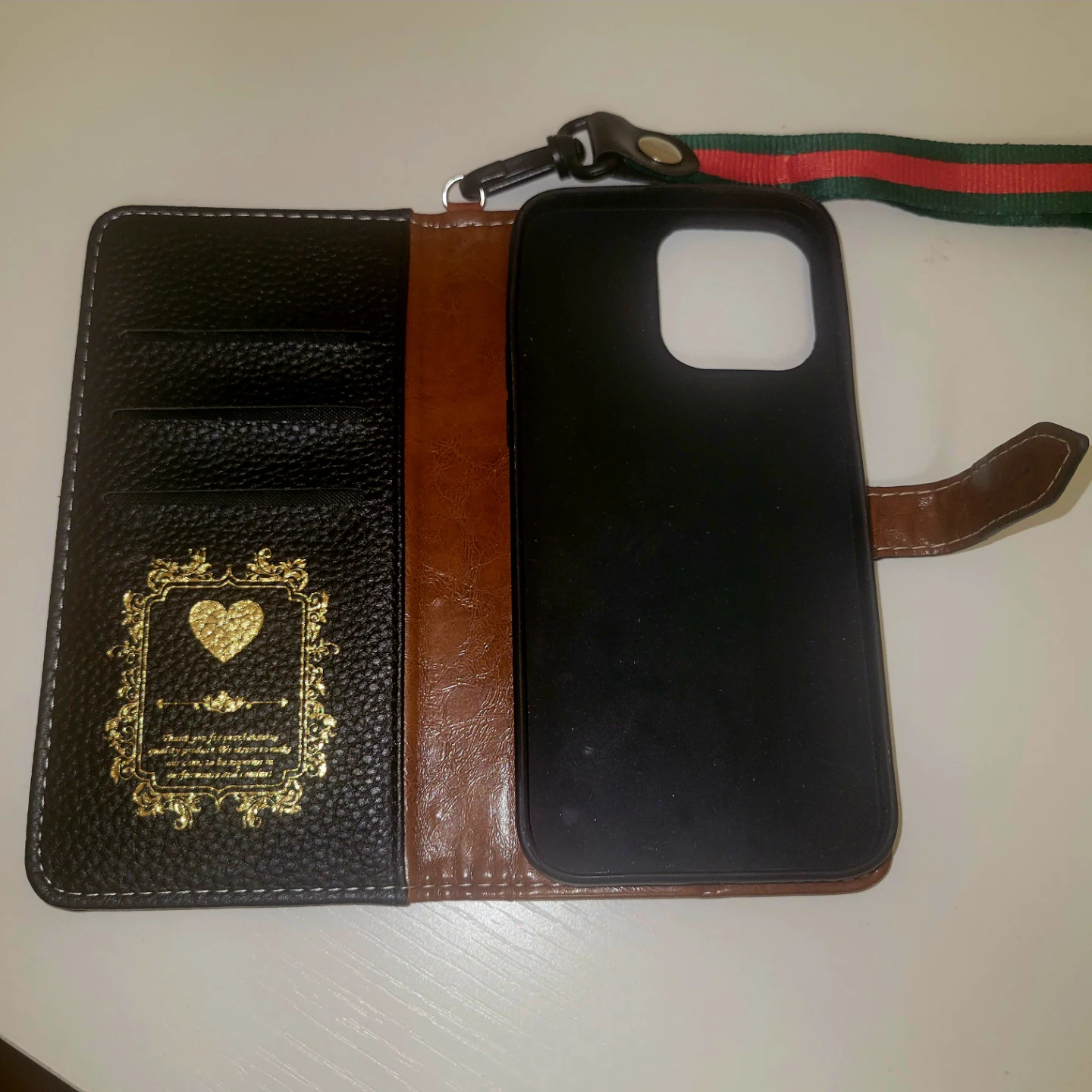 Black Leather Flip Wallet Case with Stripe Lanyard - photo 2