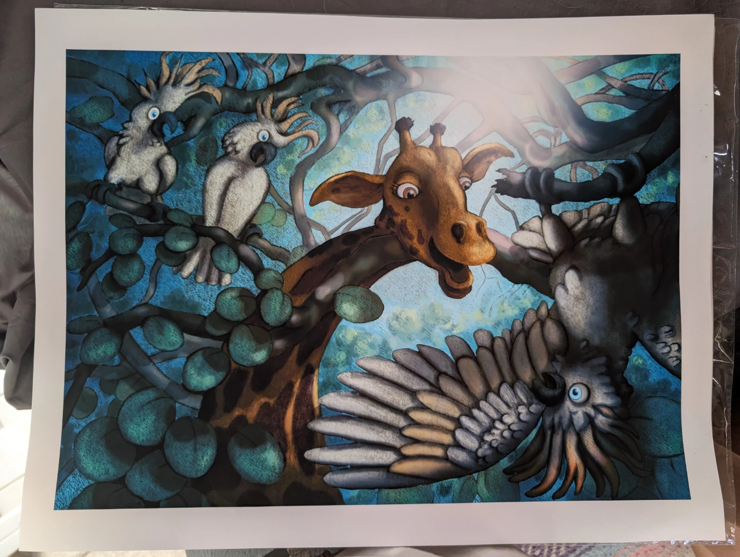 Giraffe & Cockatoos paint print