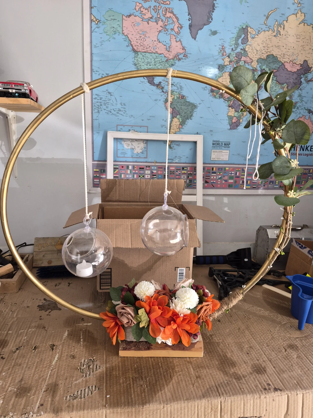 Painted Gold Hoop Floral Wreath with Hanging Orbs - photo 2