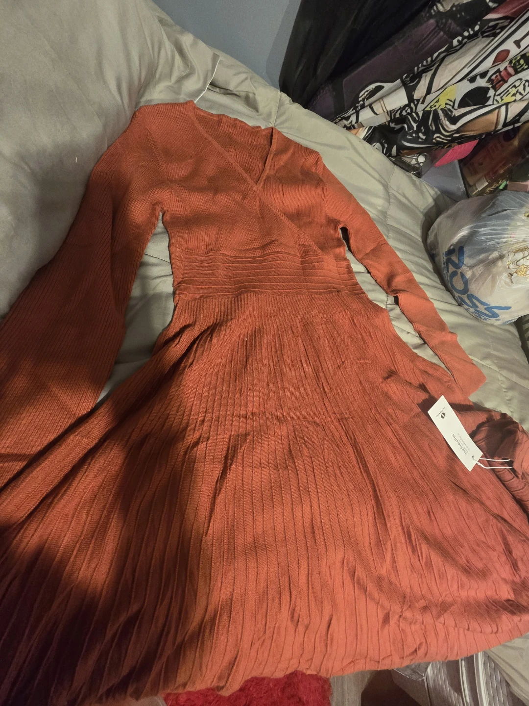 Saodimallsu Orange V-Neck Ribbed Knit Midi Dress - photo 2