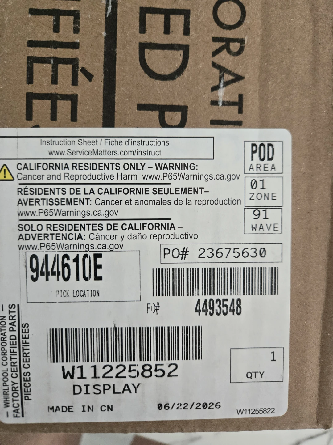 Whirlpool Display Board W11225852