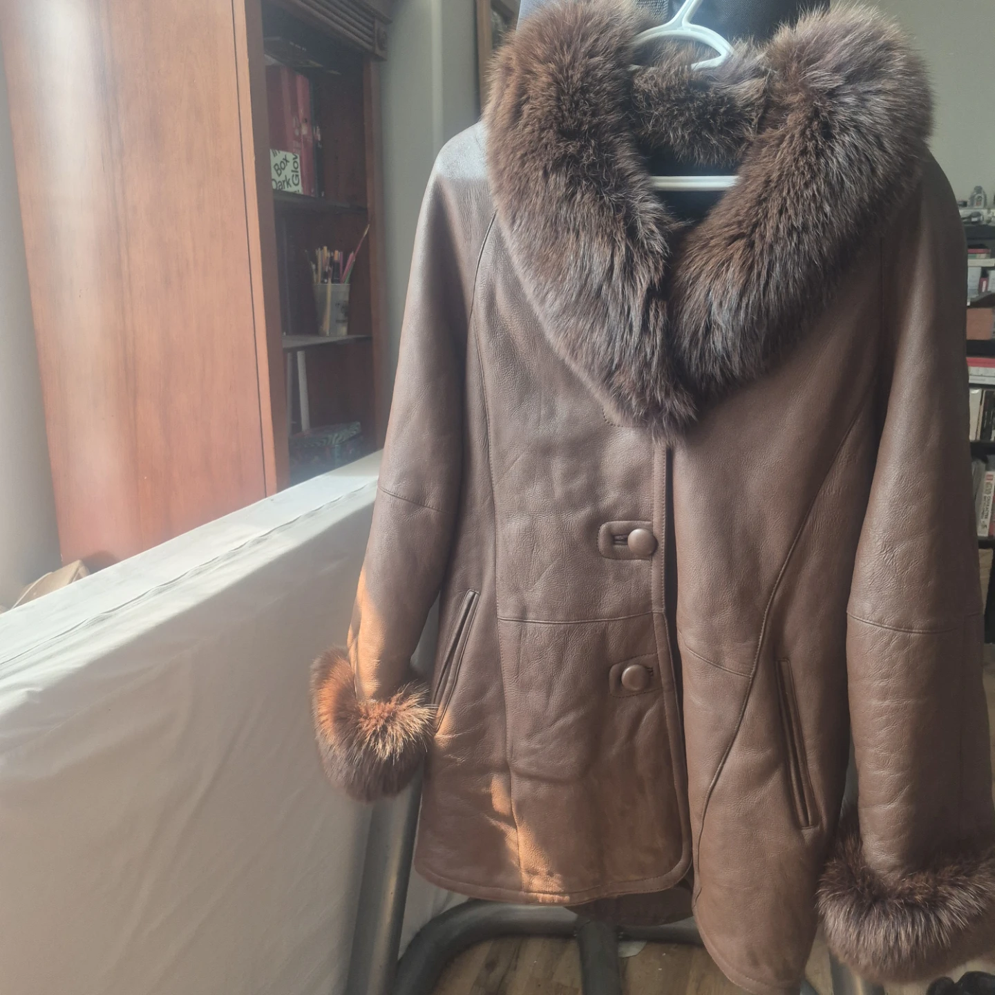 Brown Leather Jacket with Fur Collar and Cuffs
