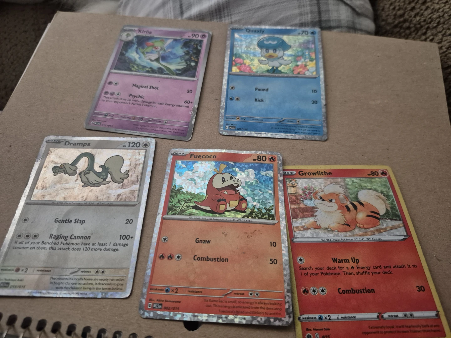 Pokémon Cards: Drampa, Kirlia, Quaxly, Fuecoco, Growlithe