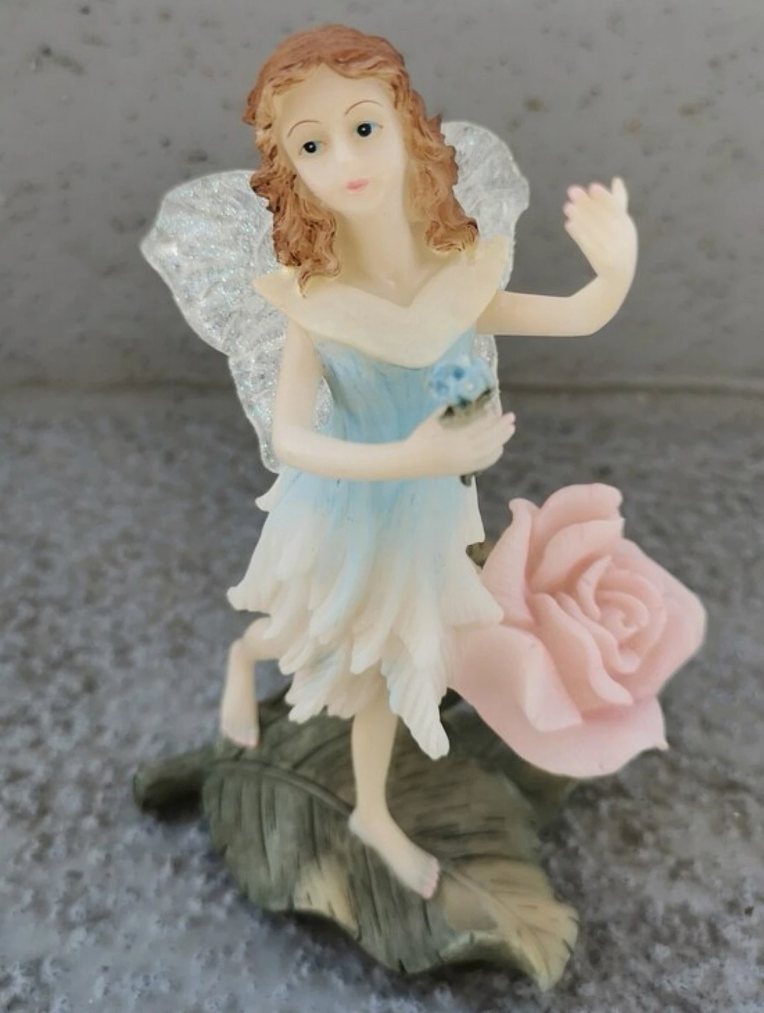 Garden Fairy Figurine Holding Flowers Glitter Wings Pink Rose