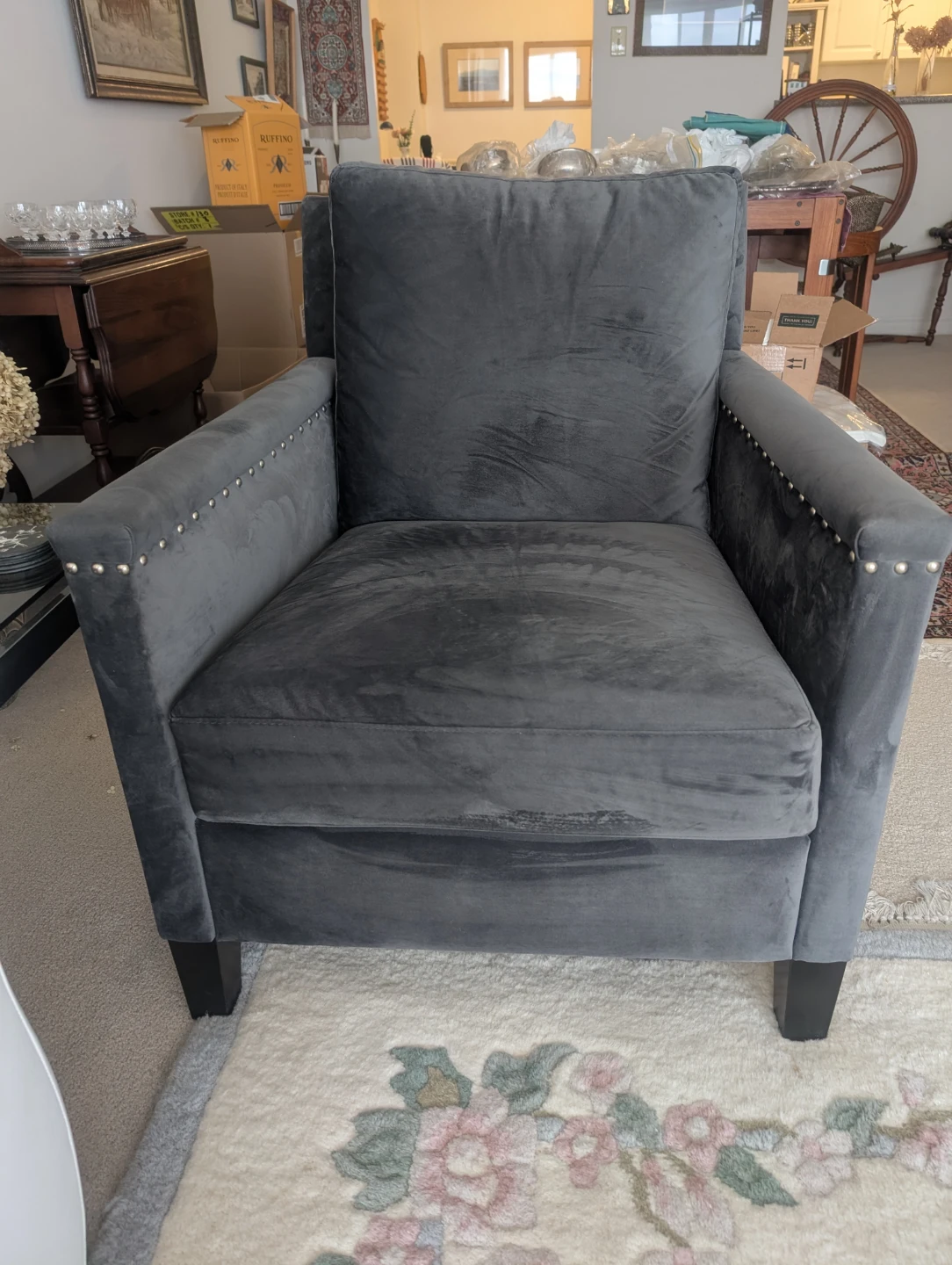 Charcoal Velvet Accent Chair with Stud Detailing