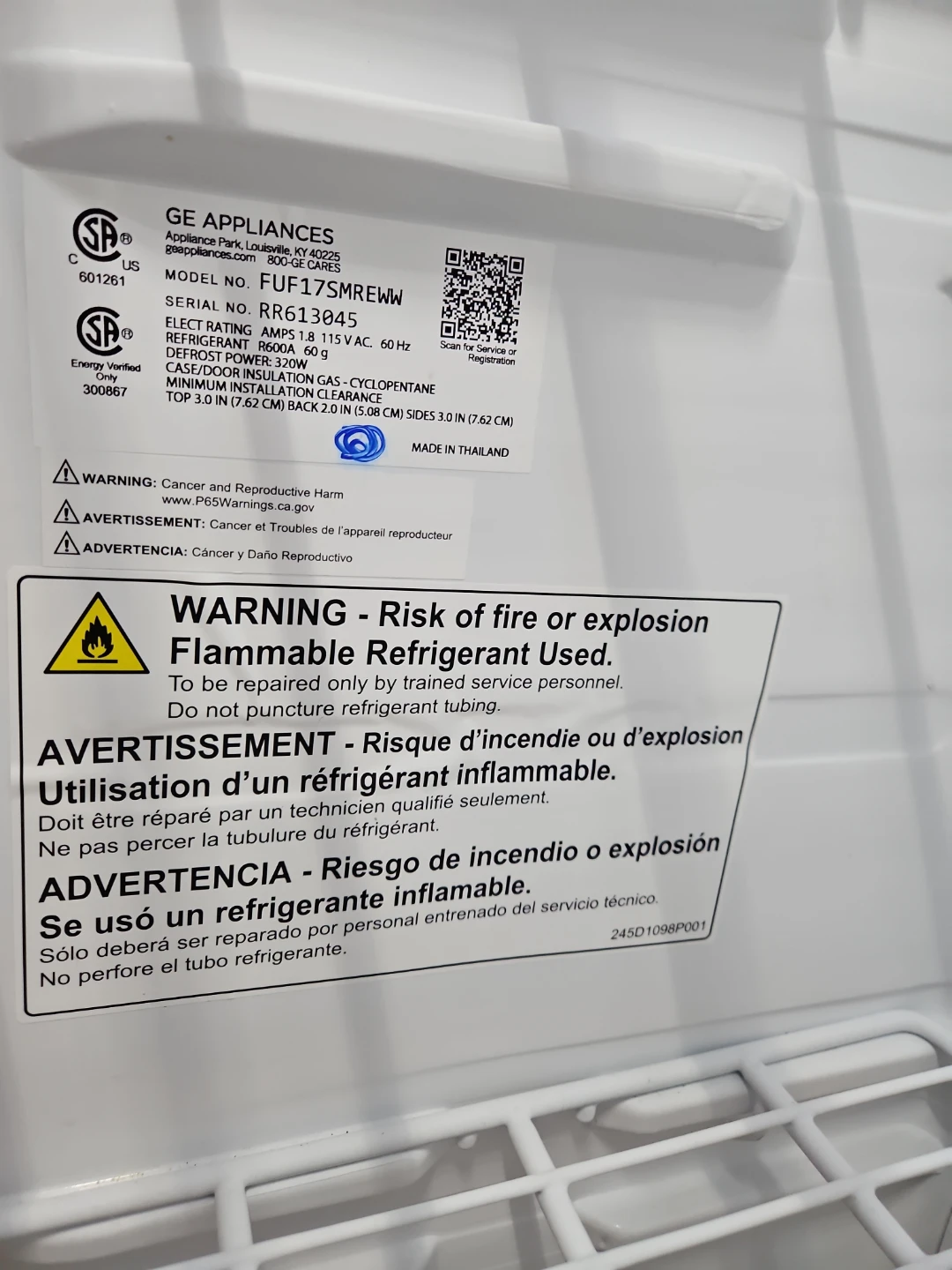 GE 17.3 cu. Ft. Upright Freezer - installed new evaporator fan - photo 3