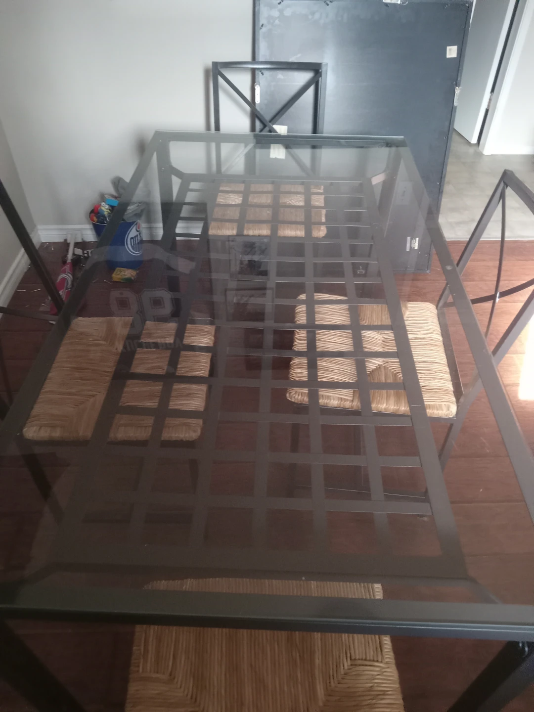 Glass Top Dining Table with Woven Seat Chairs - photo 2