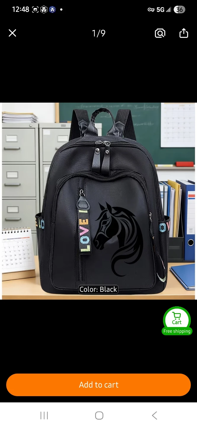Black Backpack with Horse Design and "LOVE" Straps